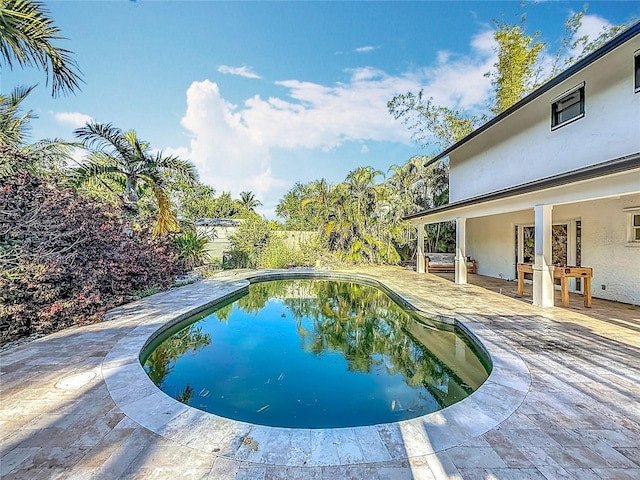 view of pool with a patio, a fenced backyard, and a fenced in pool