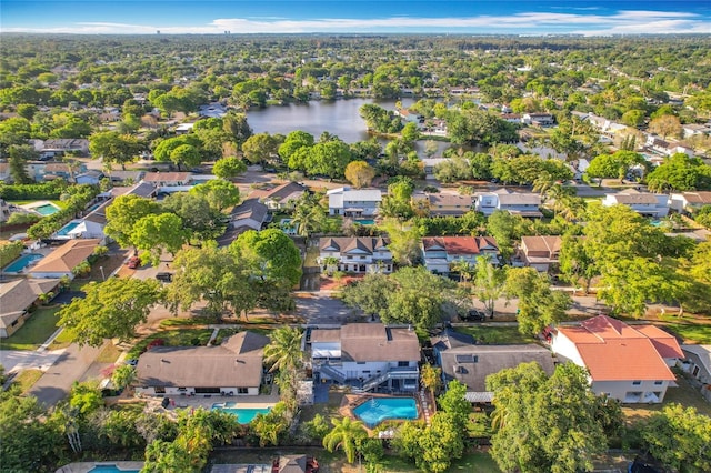 aerial view featuring a water view and a residential view