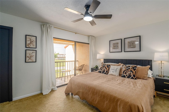 carpeted bedroom featuring access to exterior, baseboards, and ceiling fan