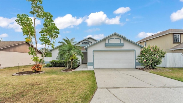 single story home featuring concrete driveway, a garage, and stucco siding