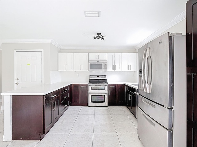 10764 Lenox Rd, Hollywood, FL 33026 - kitchen featuring stainless steel appliances, a peninsula, light countertops, ornamental molding, and dark brown cabinetry