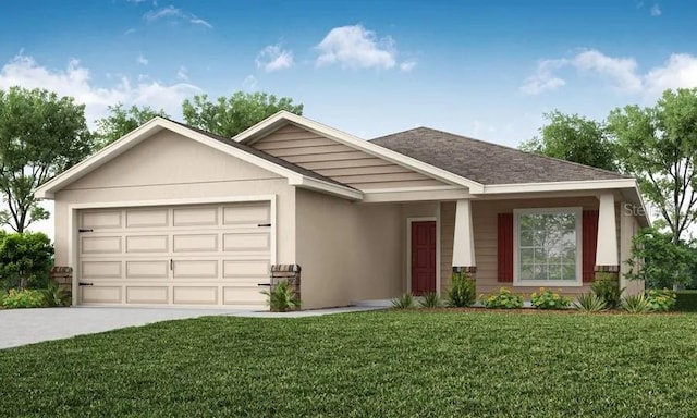 ranch-style home with driveway, a garage, stucco siding, a front lawn, and a shingled roof