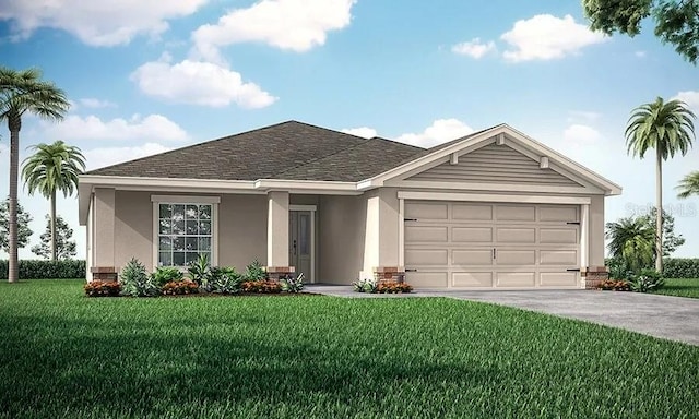 single story home featuring an attached garage, stucco siding, concrete driveway, a shingled roof, and a front yard