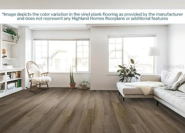 sitting room featuring baseboards, a healthy amount of sunlight, and wood finished floors