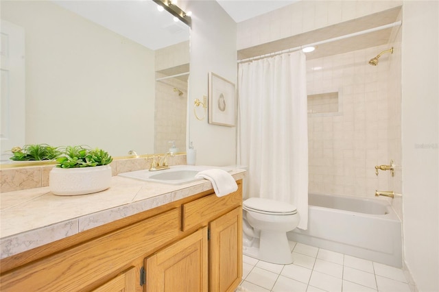 full bathroom with tile patterned floors, toilet, shower / bath combo, and vanity
