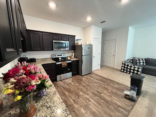 879 Grandin St, Davenport, FL 33837 - kitchen with stainless steel appliances, light stone countertops, wood finished floors, and recessed lighting