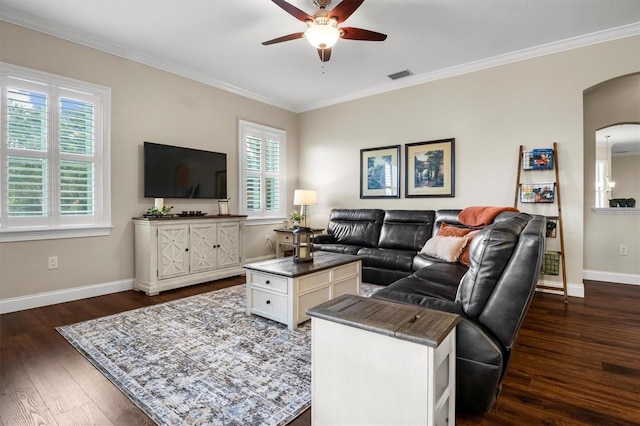 8909 N Campbell Rd, Lakeland, FL 33810 - living area with a ceiling fan, arched walkways, dark wood-style floors, and ornamental molding