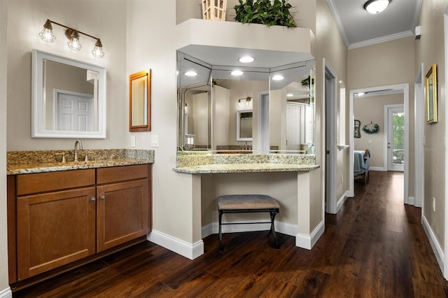 8909 N Campbell Rd, Lakeland, FL 33810 - bathroom with crown molding, wood finished floors, and vanity