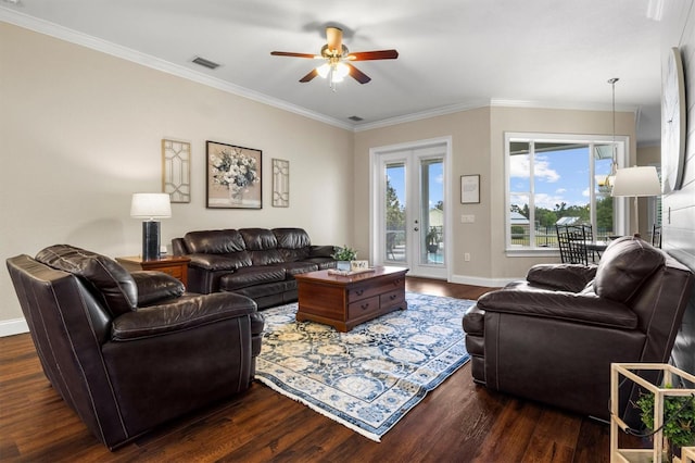 8909 N Campbell Rd, Lakeland, FL 33810 - living area with dark wood-style floors, a ceiling fan, and crown molding