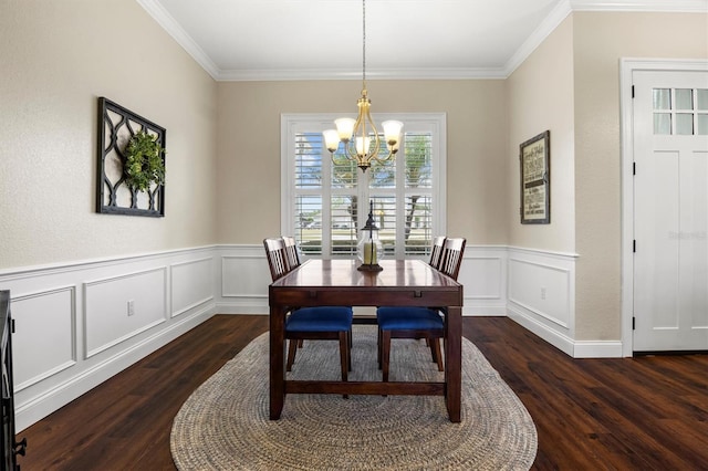 8909 N Campbell Rd, Lakeland, FL 33810 - dining room with a chandelier, wood finished floors, ornamental molding, wainscoting, and a decorative wall
