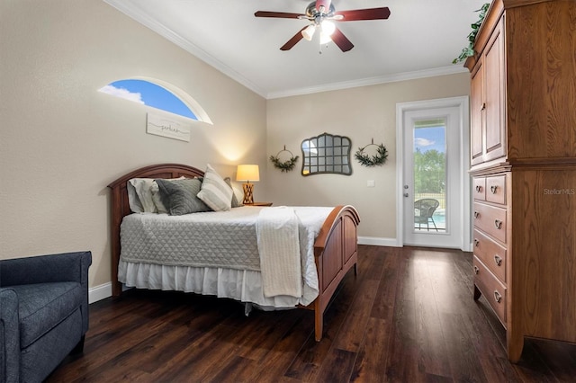 8909 N Campbell Rd, Lakeland, FL 33810 - bedroom with crown molding, dark wood-style flooring, access to outside, and ceiling fan