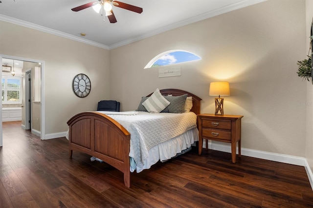 8909 N Campbell Rd, Lakeland, FL 33810 - bedroom featuring ornamental molding, wood finished floors, ceiling fan, and connected bathroom