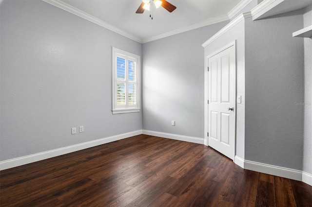 8909 N Campbell Rd, Lakeland, FL 33810 - spare room featuring a ceiling fan, dark wood-type flooring, and ornamental molding