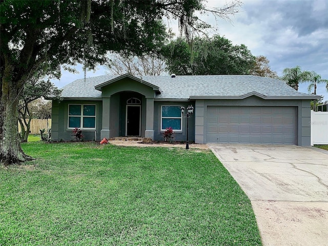 ranch-style house with stucco siding, a garage, driveway, and roof with shingles
