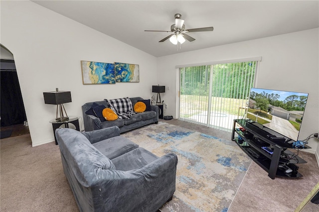 1825 Wallace Manor Ln, Winter Haven, FL 33880 - living room with vaulted ceiling, ceiling fan, carpet floors, and arched walkways