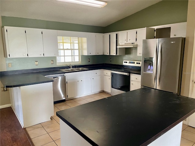 4038 Lehman Ln, Lakeland, FL 33813 - kitchen featuring stainless steel appliances, a sink, under cabinet range hood, dark countertops, and lofted ceiling