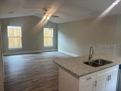 kitchen with a sink, ceiling fan, open floor plan, vaulted ceiling, and dark wood-type flooring