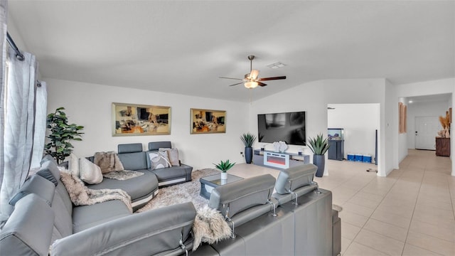2991 Flying Blackbird Rd, Bartow, FL 33830 - living area featuring a ceiling fan, lofted ceiling, and light tile patterned floors