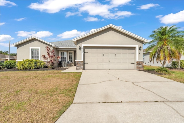 ranch-style house with stucco siding, driveway, stone siding, a front lawn, and an attached garage