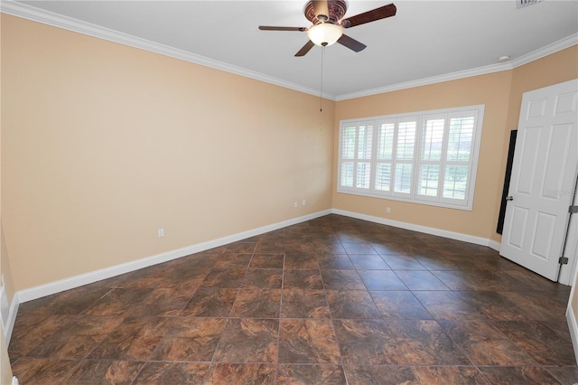 unfurnished room featuring a ceiling fan, crown molding, and baseboards