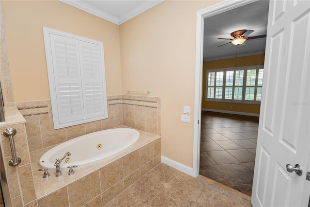 full bathroom with ornamental molding, a ceiling fan, baseboards, a jetted tub, and tile patterned floors