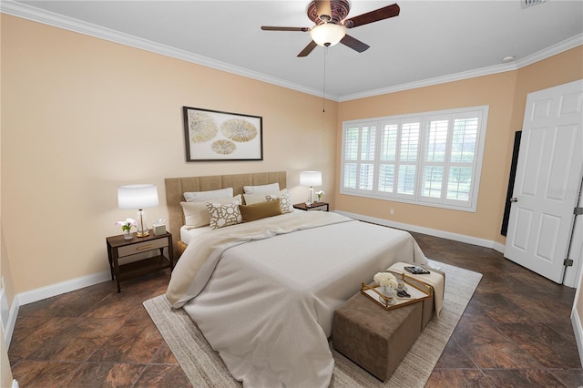 bedroom featuring stone finish flooring, ornamental molding, baseboards, and ceiling fan