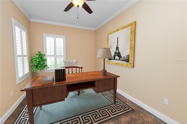 office area featuring a ceiling fan, crown molding, and baseboards