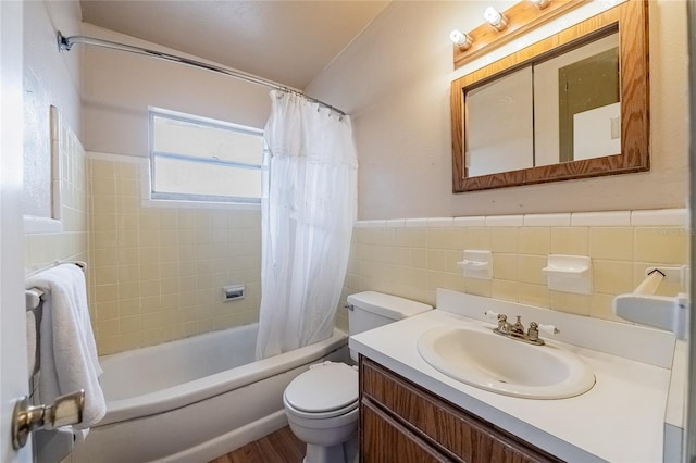 full bath with tile walls, toilet, vanity, shower / bath combination with curtain, and wood finished floors
