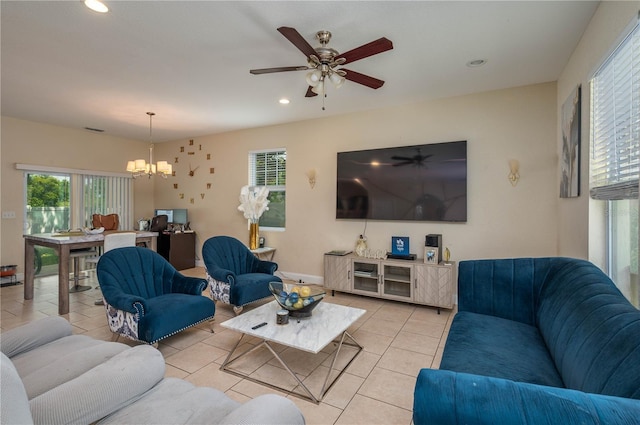 1105 Watersedge Dr, Lakeland, FL 33801 - living area featuring a chandelier, recessed lighting, light tile patterned floors, and ceiling fan