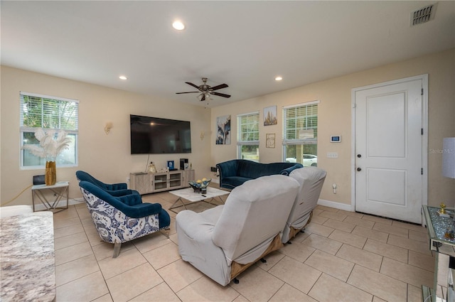1105 Watersedge Dr, Lakeland, FL 33801 - living room with recessed lighting, light tile patterned flooring, ceiling fan, and baseboards