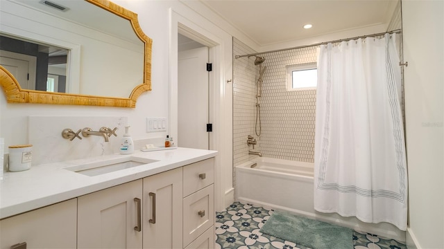 531 68th St, Holmes Beach, FL 34217 - bathroom with shower / tub combo with curtain, vanity, tile patterned flooring, and recessed lighting