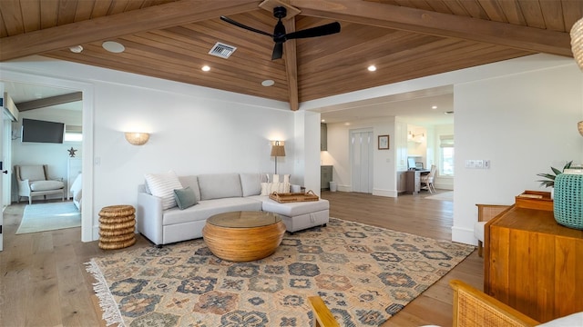 531 68th St, Holmes Beach, FL 34217 - living room with a ceiling fan, wood finished floors, recessed lighting, and wood ceiling