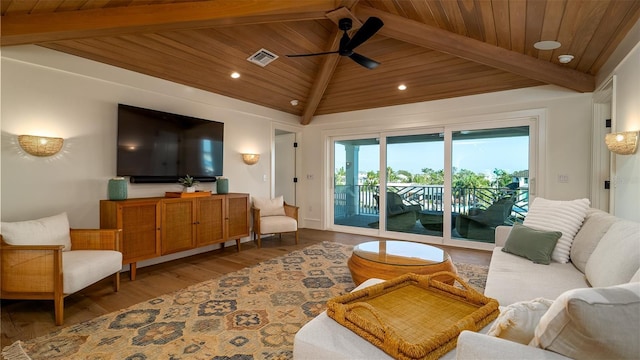 531 68th St, Holmes Beach, FL 34217 - living area with a ceiling fan, wooden ceiling, wood finished floors, and recessed lighting