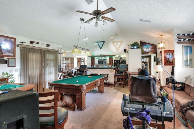 4404 Musket Dr, Lakeland, FL 33810 - recreation room featuring ceiling fan, pool table, carpet flooring, vaulted ceiling, and a textured ceiling
