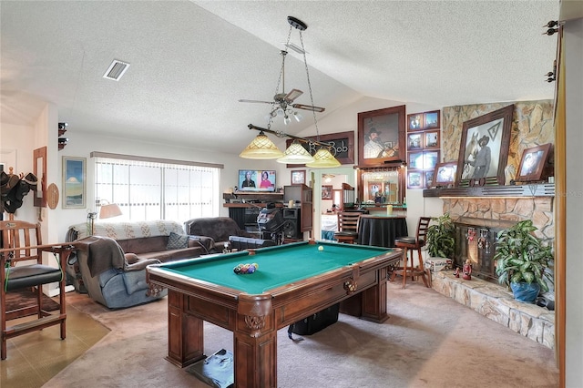 4404 Musket Dr, Lakeland, FL 33810 - recreation room with carpet, pool table, a fireplace, a ceiling fan, and lofted ceiling