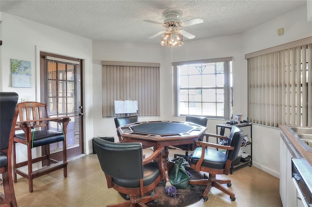 4404 Musket Dr, Lakeland, FL 33810 - office area featuring healthy amount of natural light, a textured ceiling, ceiling fan, a sink, and baseboards