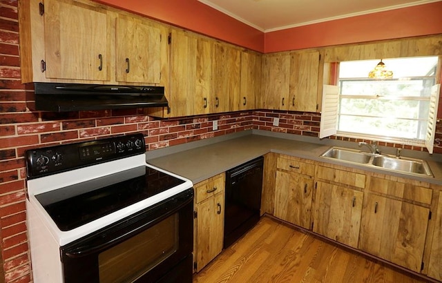 kitchen featuring electric range oven, dishwasher, a sink, under cabinet range hood, and light wood finished floors
