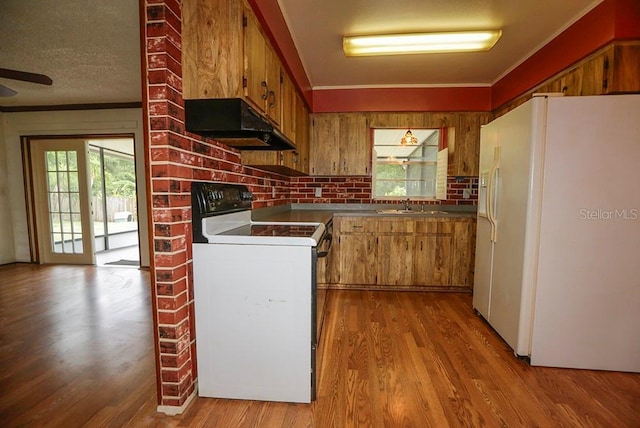 kitchen with white appliances, under cabinet range hood, a sink, brown cabinetry, and wood finished floors