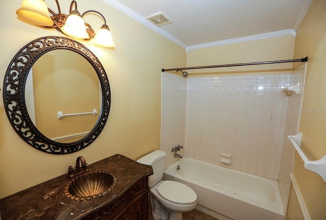 full bathroom featuring toilet, ornamental molding, vanity, and  shower combination