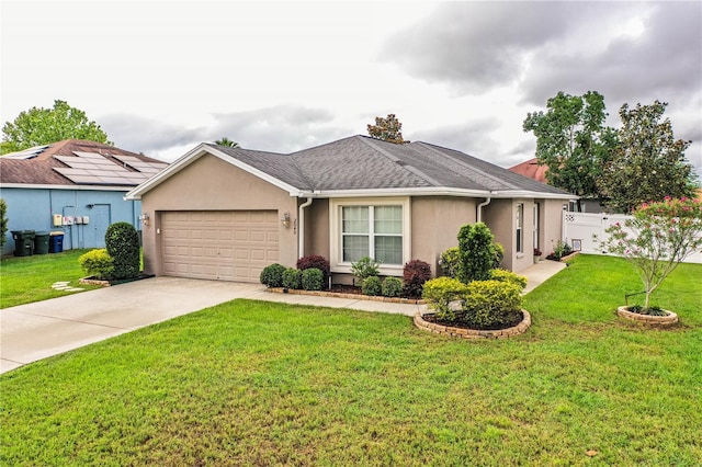 ranch-style house with stucco siding, a garage, and driveway