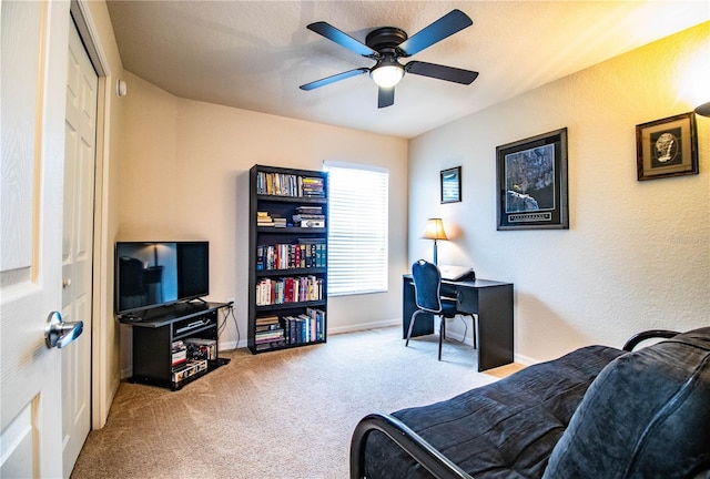 bedroom featuring carpet flooring, baseboards, and ceiling fan