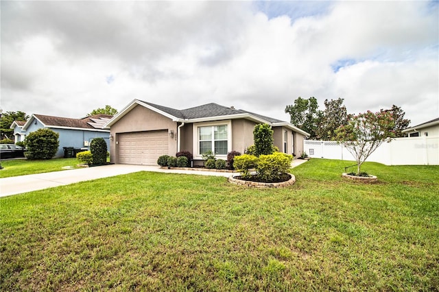 single story home with stucco siding, a garage, and driveway