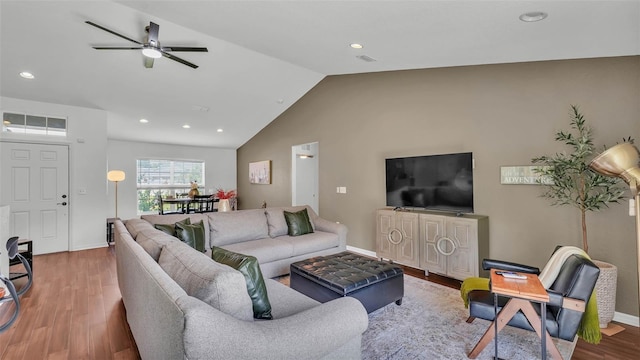 4582 Penkert Pl, Lakeland, FL 33811 - living room with wood finished floors, a ceiling fan, vaulted ceiling, recessed lighting, and baseboards