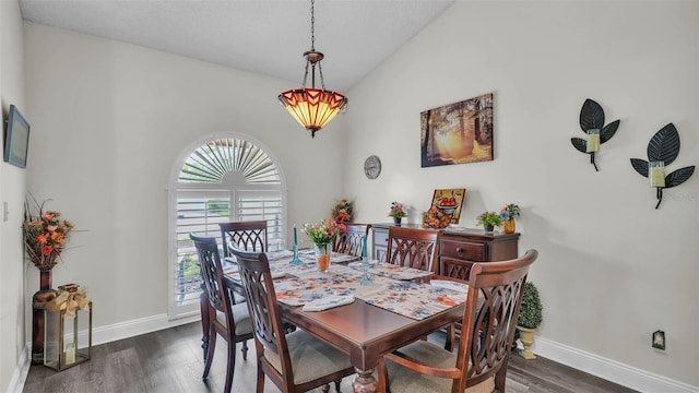 2912 Aston Ave, Plant City, FL 33566 - dining space with vaulted ceiling, dark wood-style flooring, and baseboards