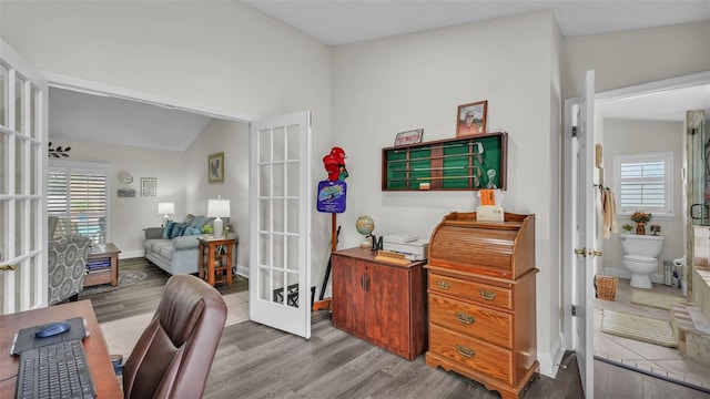 2912 Aston Ave, Plant City, FL 33566 - office area with french doors, healthy amount of natural light, wood finished floors, baseboards, and lofted ceiling