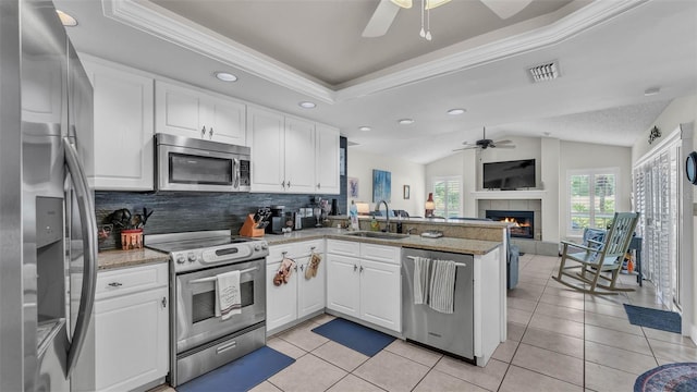 2912 Aston Ave, Plant City, FL 33566 - kitchen with appliances with stainless steel finishes, ceiling fan, a sink, a peninsula, and recessed lighting