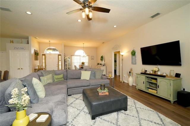 8760 Plantation Ridge Blvd, Lakeland, FL 33809 - living room featuring wood finished floors, ceiling fan, recessed lighting, and a textured ceiling