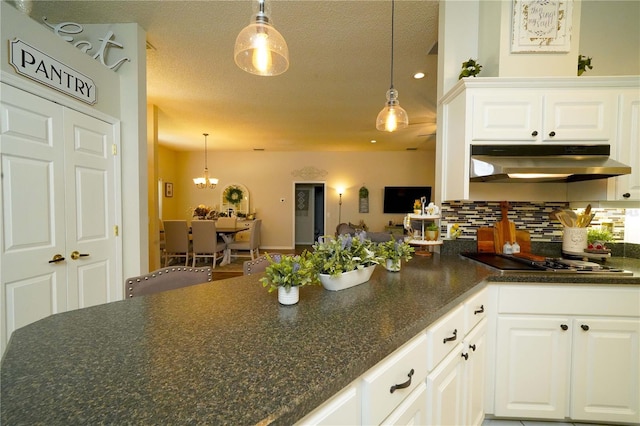 8760 Plantation Ridge Blvd, Lakeland, FL 33809 - kitchen featuring under cabinet range hood, cooktop, white cabinets, backsplash, and pendant lighting