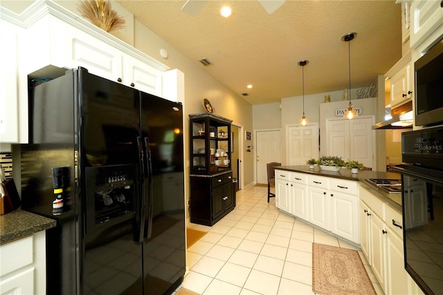 8760 Plantation Ridge Blvd, Lakeland, FL 33809 - kitchen featuring black appliances, dark countertops, light tile patterned flooring, white cabinetry, and a textured ceiling
