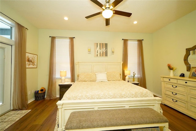 8760 Plantation Ridge Blvd, Lakeland, FL 33809 - bedroom with dark wood-style flooring, multiple windows, baseboards, recessed lighting, and a ceiling fan